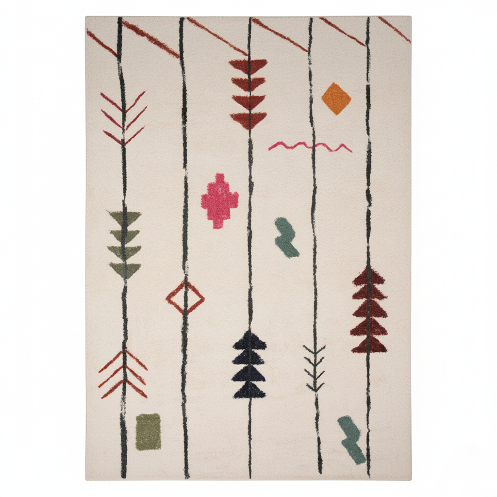 Tapis Kilim Berbère Moderne – Motifs linéaires colorés – Fond Crème – 160×230 cm