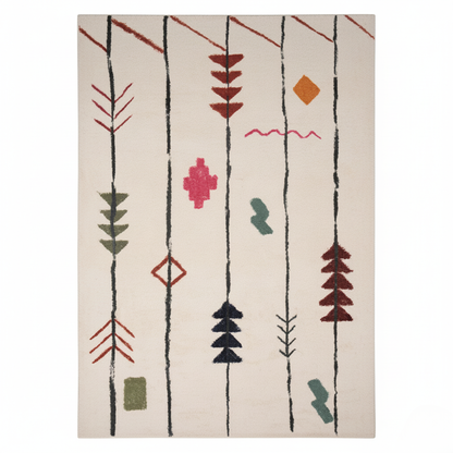 Tapis Kilim Berbère Moderne – Motifs linéaires colorés – Fond Crème – 160×230 cm