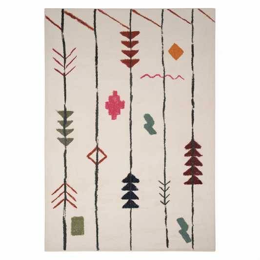 Tapis Kilim Berbère Moderne – Motifs linéaires colorés – Fond Crème – 160×230 cm