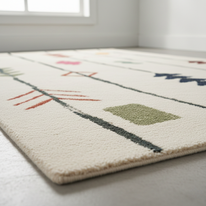 Tapis Kilim Berbère Moderne – Motifs linéaires colorés – Fond Crème – 160×230 cm