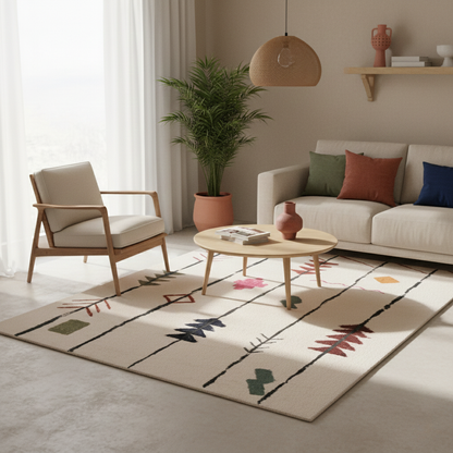 Tapis Kilim Berbère Moderne – Motifs linéaires colorés – Fond Crème – 160×230 cm