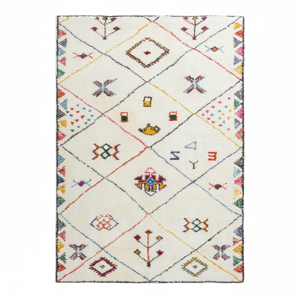 Tapis Berbère Azilal – Motifs colorés authentiques – Fond Écru – 160×230 cm