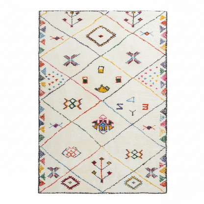 Tapis Berbère Azilal – Motifs colorés authentiques – Fond Écru – 160×230 cm