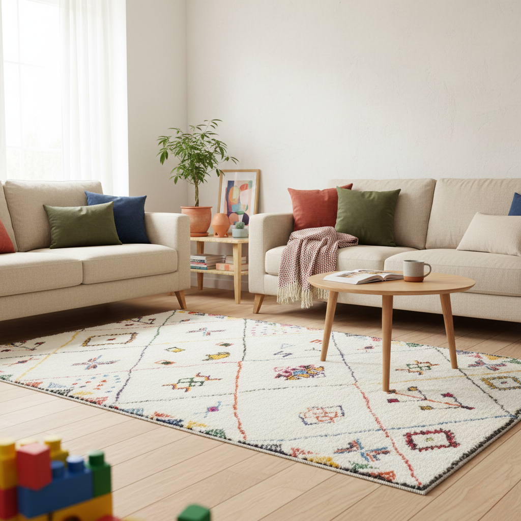 Tapis Berbère Azilal – Motifs colorés authentiques – Fond Écru – 160×230 cm