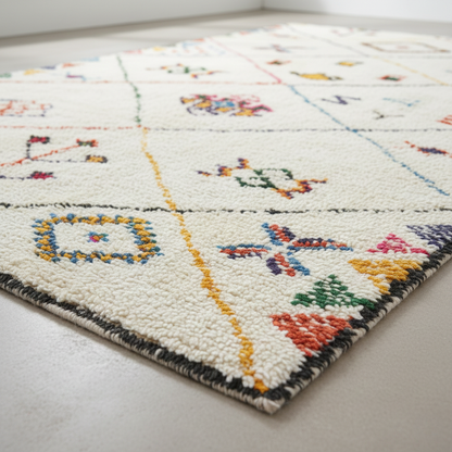 Tapis Berbère Azilal – Motifs colorés authentiques – Fond Écru – 160×230 cm