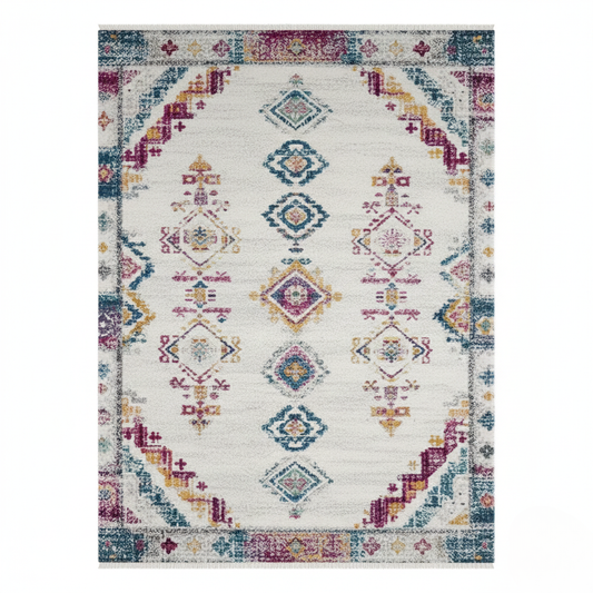 Tapis Berbère Azilal – Motifs colorés & Bordures traditionnelles – Fond Écru – 160×230 cm